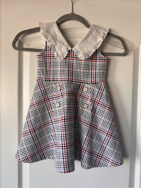 Janie & Jack True Red White Blue Plaid ponte ruffle collar dress size 3T